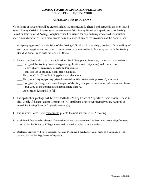 First page of the Zoning Board of Appeals Application