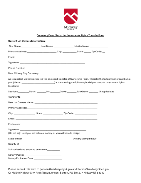 First page of the Cemetery Deed/Burial Lot Transfer Form