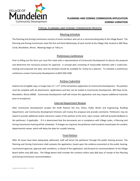 First page of the Zoning Variation Application