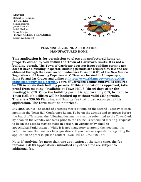 First page of the Planning and Zoning Application for Manufactured Home
