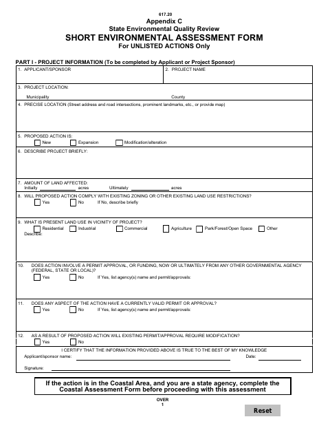First page of the Short Environmental Assessment Form