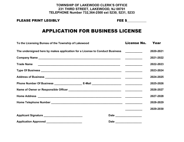 First page of the Business License Application