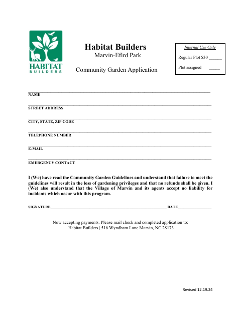 First page of the Habitat Builders Marvin-Efird Park Community Garden Application
