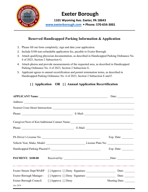 First page of the Reserved Handicapped Parking Information & Application