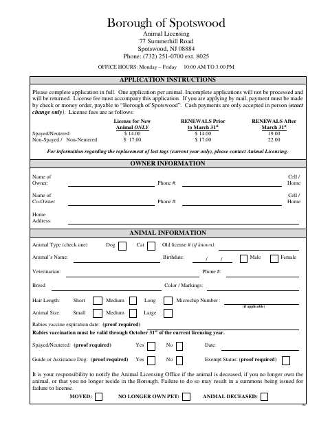 First page of the Animal License Application