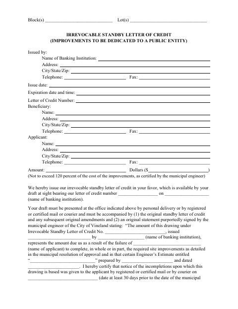 First page of the Irrevocable Standby Letter of Credit for Public Improvements