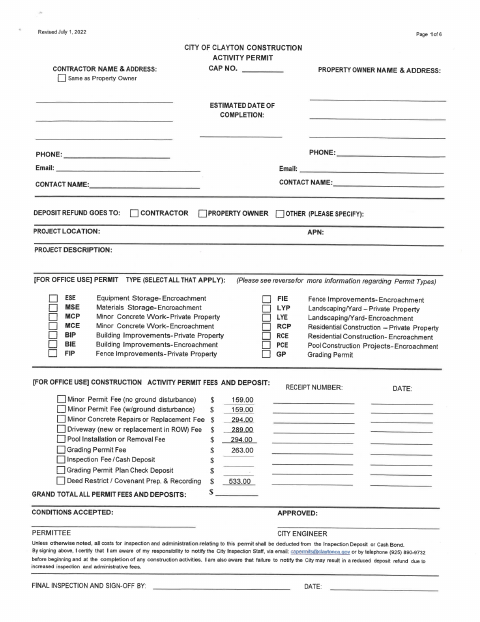 First page of the Construction Activity Permit Application Form