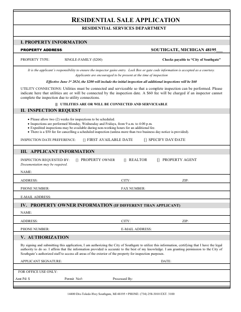 First page of the Residential Sale Application