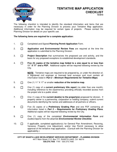 First page of the Tentative Map Application Checklist