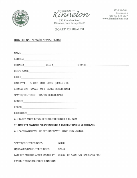 First page of the Pet License Registration