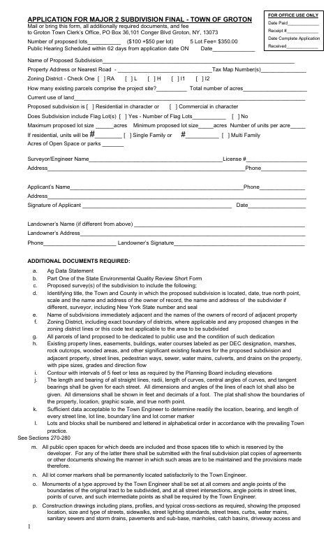 First page of the Major Subdivision Level 2 Final Application
