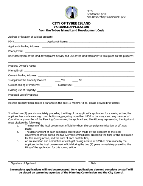 First page of the Variance Application