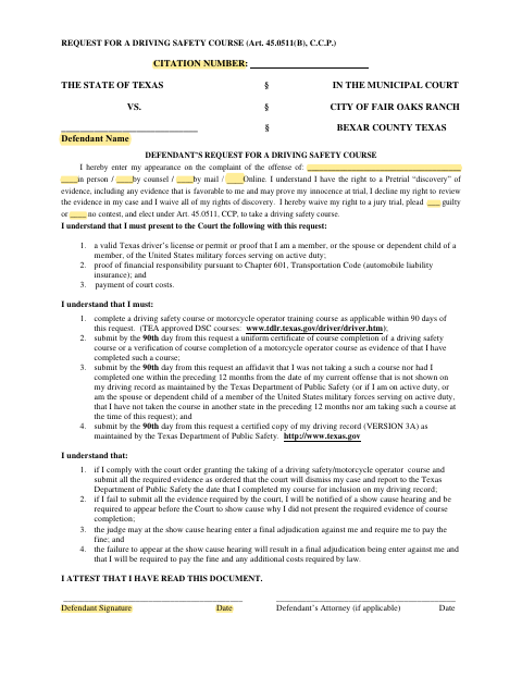 First page of the Request for a Driving Safety Course