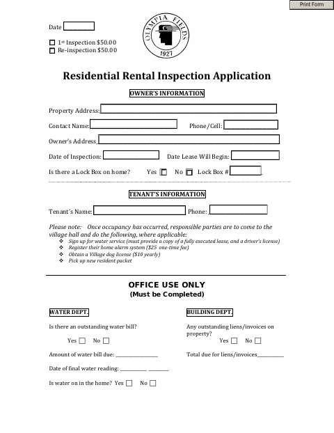 First page of the Residential Rental Inspection Application