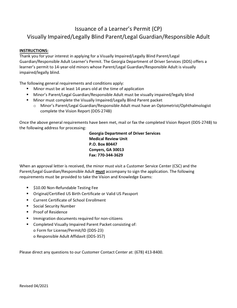 First page of the Visually Impaired Parent Learner’s Permit Packet