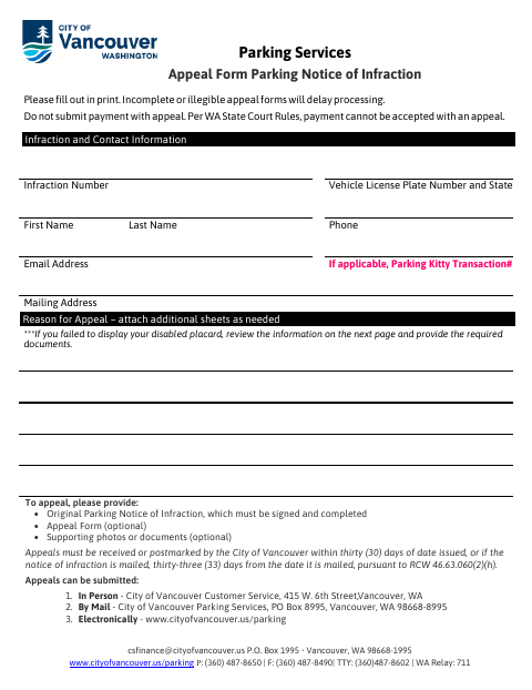 First page of the Parking Services Appeal Form