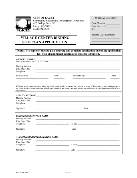 First page of the Village Center Binding Site Plan Application