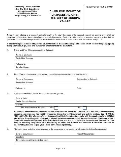 First page of the Claim for Money or Damages Against the City of Jurupa Valley