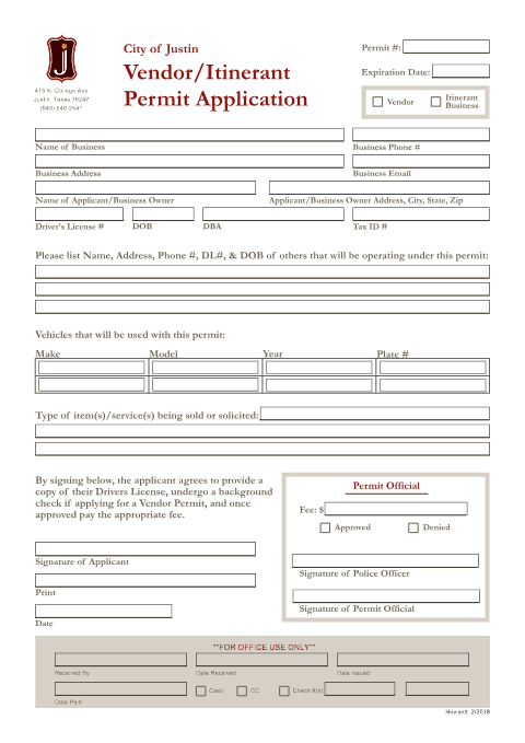 First page of the Vendor/Itinerant Permit Application