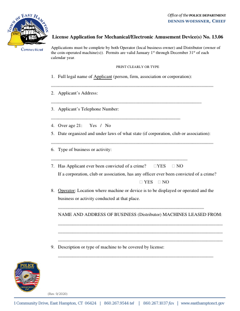 First page of the Mechanical/Electronic Amusement Device License Application