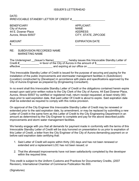 First page of the Irrevocable Standby Letter of Credit