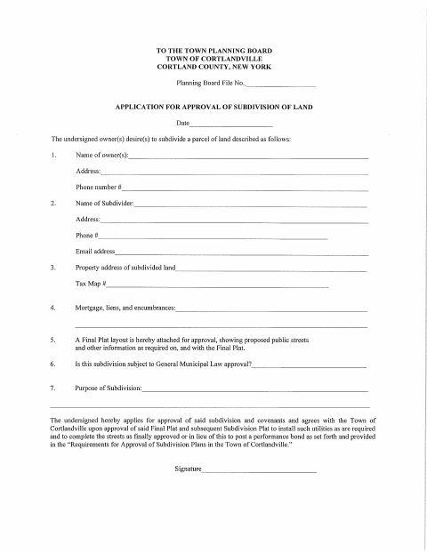 First page of the Application for Approval of Subdivision of Land