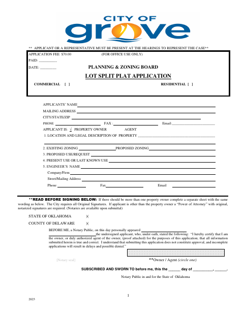First page of the Lot Split Plat Application