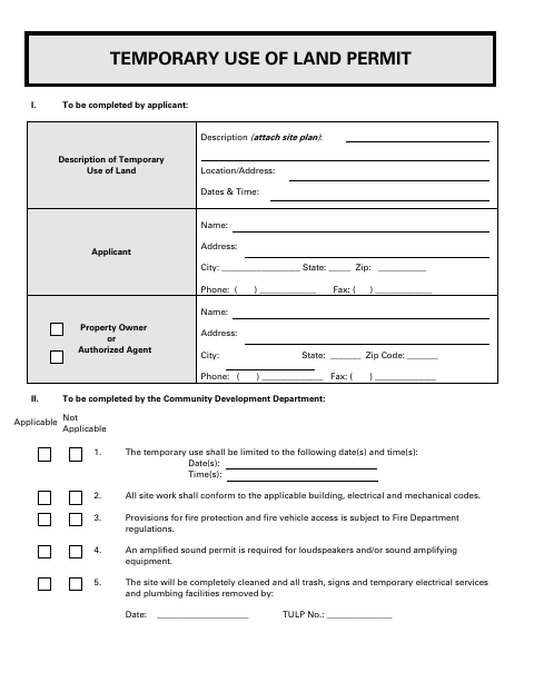 First page of the Temporary Use of Land Permit Application