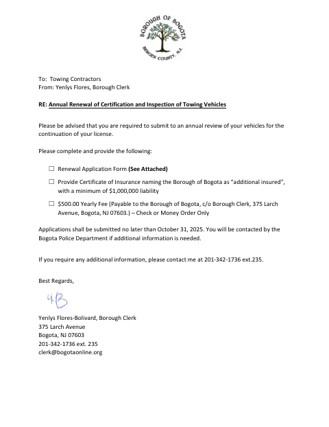 First page of the Annual Towing Renewal Form