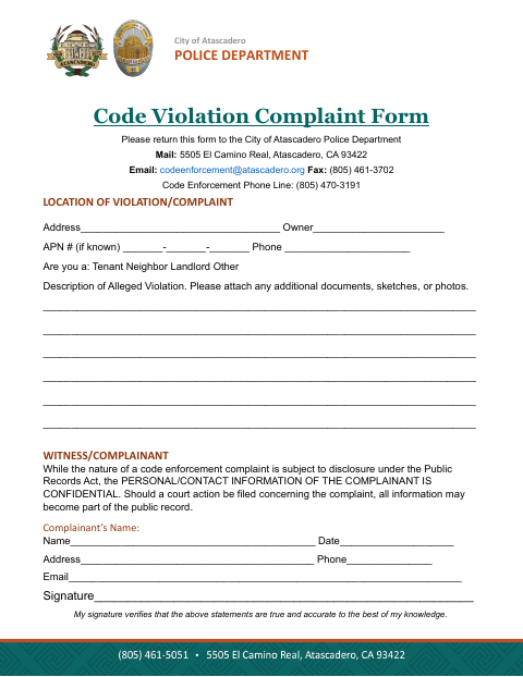 First page of the Code Violation Complaint Form