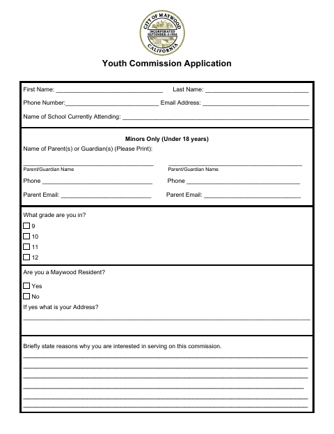 First page of the Youth Commission Application