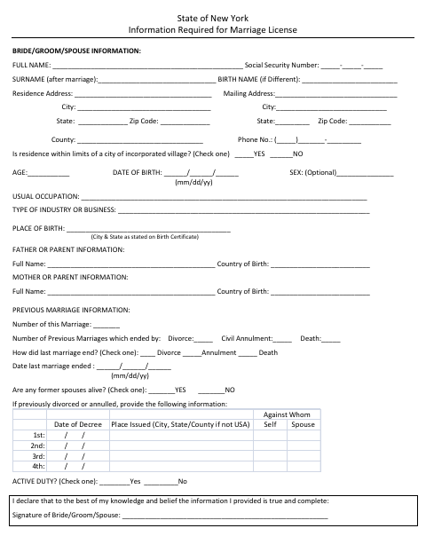 First page of the Marriage License Information and Application