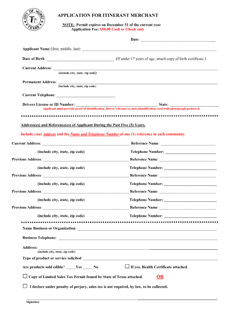 First page of the Itinerant Merchant Application