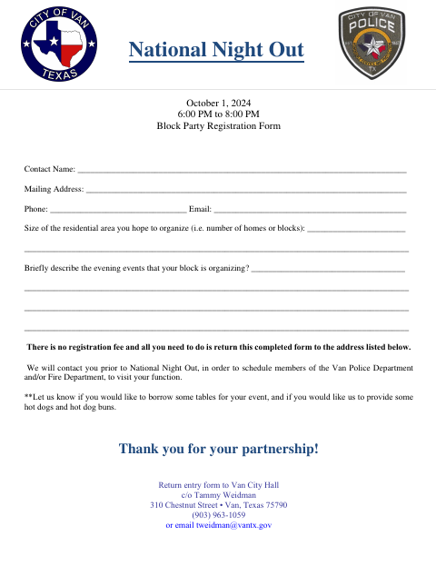 First page of the Block Party Registration Form