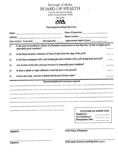 First page of the Pool Inspection Reporting Form
