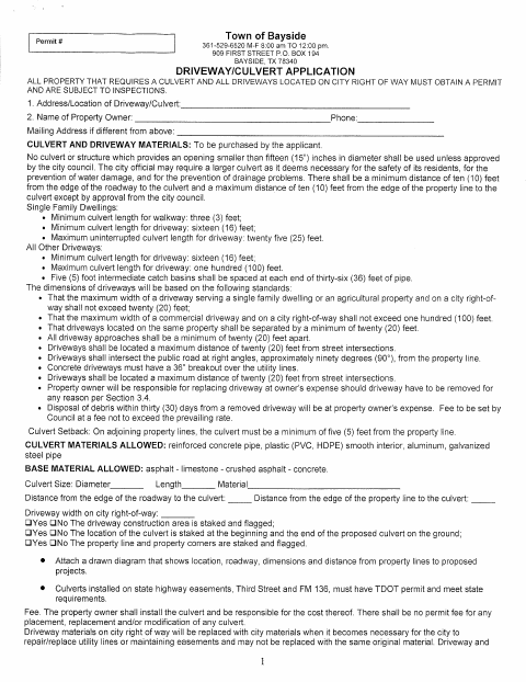 First page of the Driveway Culvert Application
