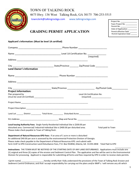 First page of the Grading Permit Application