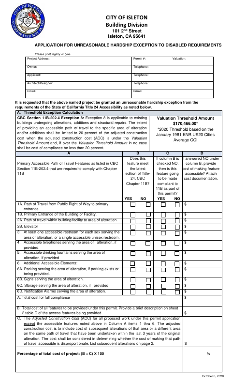 First page of the Application for Unreasonable Hardship Exception to Disabled Requirements