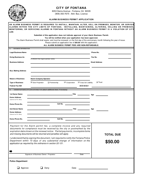 First page of the Alarm Business Permit Application