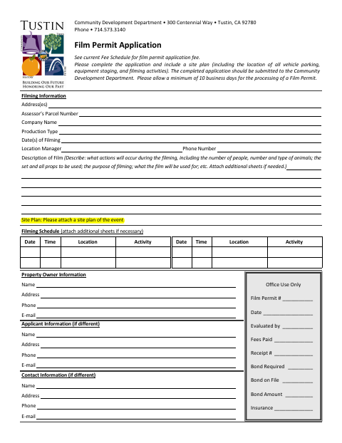 First page of the Film Permit Application