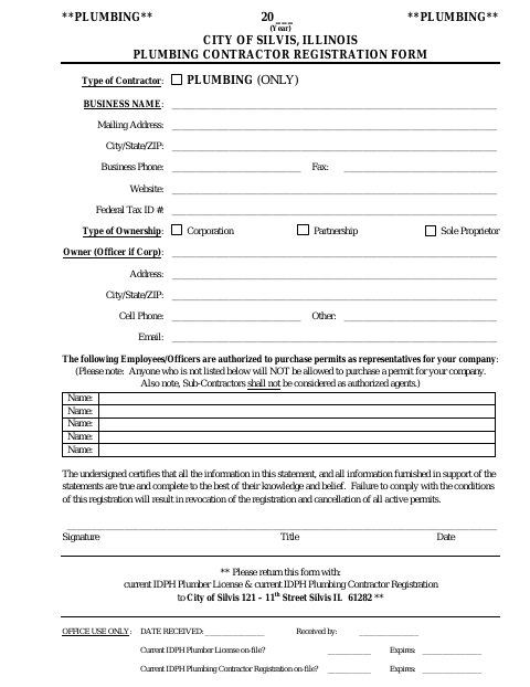 First page of the Plumbing Contractor Registration Form