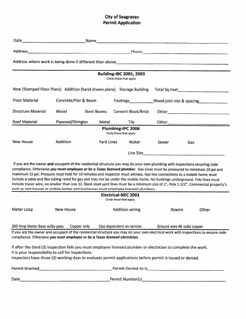First page of the Permit Application