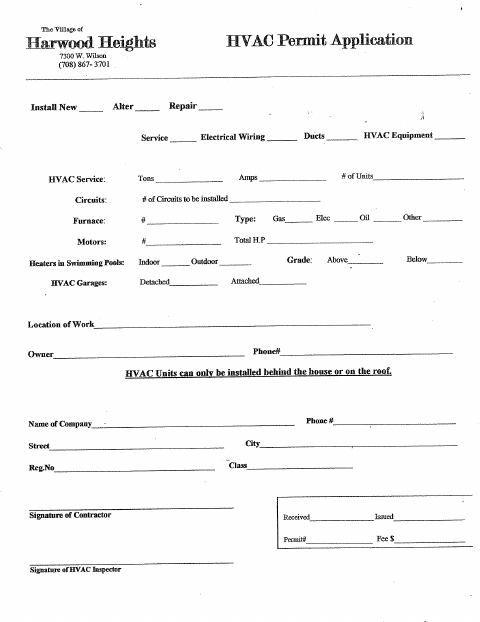First page of the HVAC Permit Application