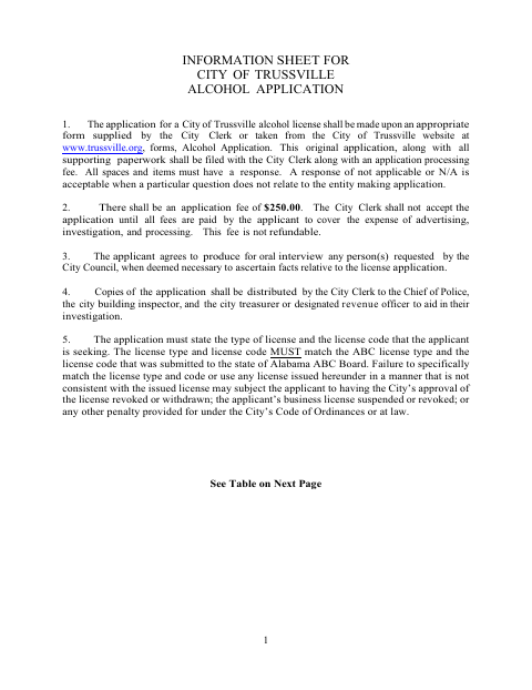 First page of the Alcohol License Application