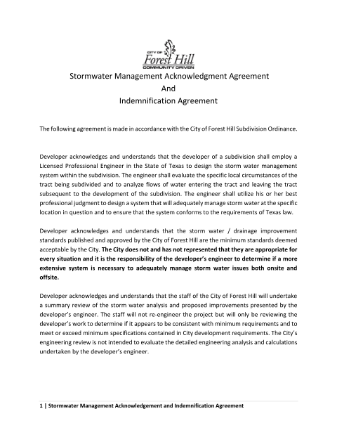First page of the Stormwater Management Acknowledgement and Indemnification Agreement