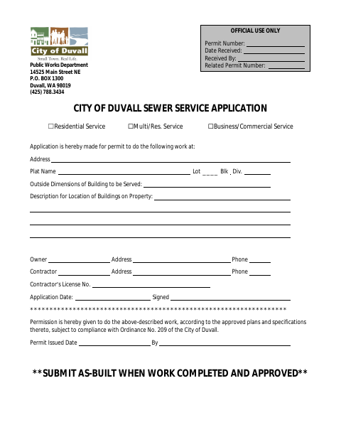 First page of the Sewer Service Application