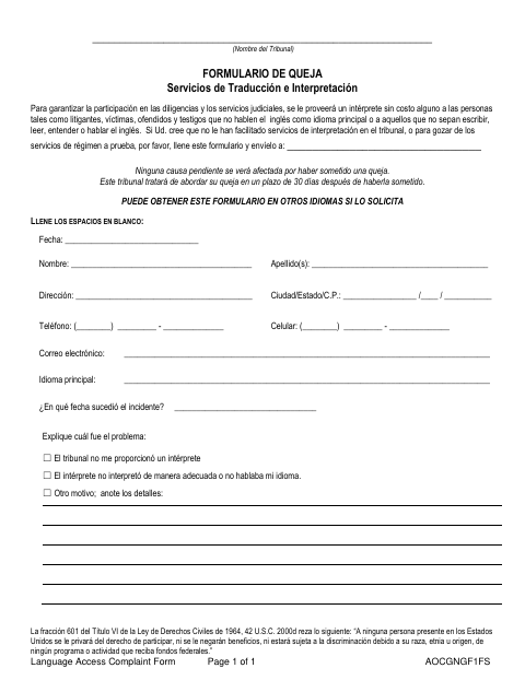 First page of the Language Access Complaint Form (Spanish)