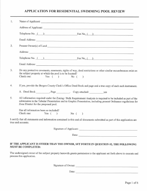 First page of the Application for Residential Swimming Pool Review
