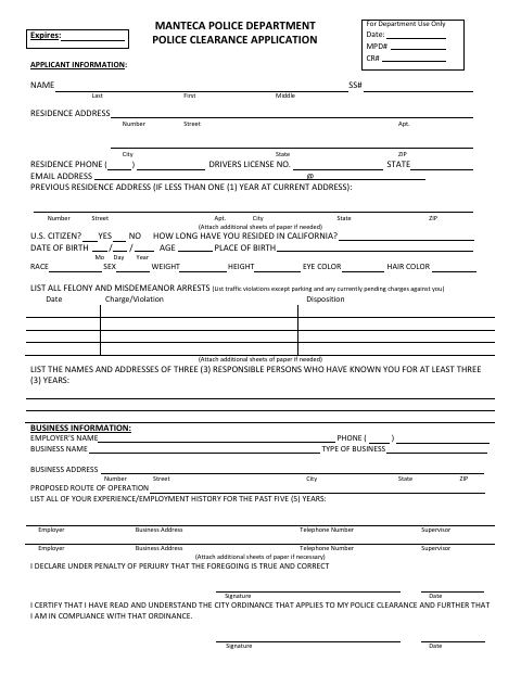 First page of the Police Clearance Application