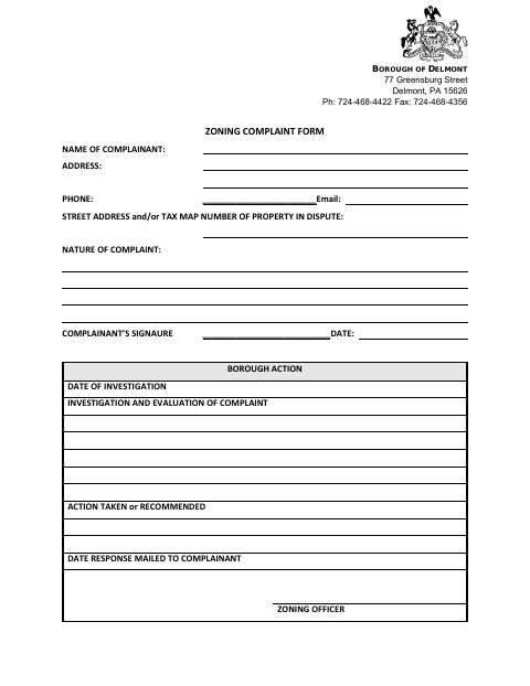 First page of the Zoning Complaint Form